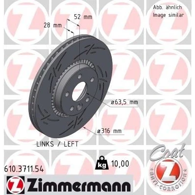 Imagen de ZIMMERMANN 610.3711.54 Disco de freno 316 28 6/5 5 108 ventilación externa, ranurado revestido VOLVO: V60 I, S80 II, S60 FORD: S Max Mk1