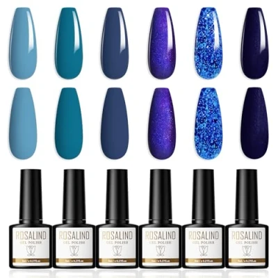 Imagen de ROSALIND Esmalte Semipermanente 6 Colores, Pintauñas Semipermanentes Azul Marino Claro Glitter 8ml Gel Nail Polish Soak Off UV/LED Para Salones de Manicura DIY y