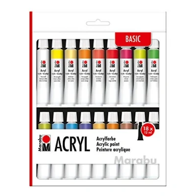 Imagen de Marabu 12100000000202 Juego de pinturas acrílicas con 18 colores 12 ml, opacas, mate y brillantes, a base agua, adecuado para bastidor, cartón pintar, papel madera, secado rápido
