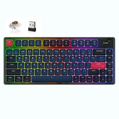 Imagen de ATTACK SHARK AK832PRO Teclado Mecánico, 75% Low Profile Ultra Thin TKL RGB Tastiera Da Gioco Wireless a Guarnizione con LED Pantalla, BT5.1/2.4G/Wired, Cable USB C en espiral para Mac/Win Brown Switch