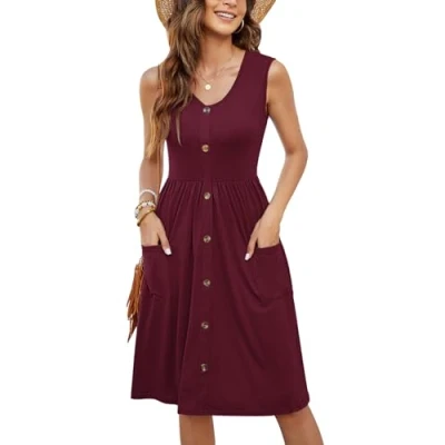 Imagen de MOLERANI Vestidos de Verano para Mujer Sin Mangas Casual Suelto Swing Button Down Midi Dress con Bolsillos (Rojo Vino, M)
