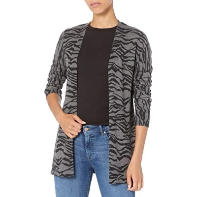 Imagen de Amazon Essentials Jersey Cárdigan Ligero de Abertura Fronta (Disponible en Tallas Grandes) Mujer, Color Carbón Estampado Motivos Felinos, XL