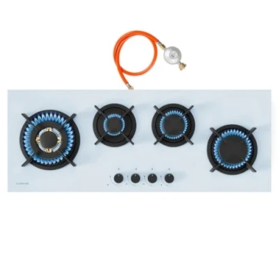 Imagen de Klarstein Goldflame 4 Slim Placa de Gas, Quemadores Latón, Encendido SnapJet, Protección Contra Fallo Llama, Apta para Gas Natural y GLP, Incluye Manguera Reductor, Blanca