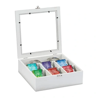 Imagen de Relaxdays Scatola Porta Tè e Tisane Caja para té infusiones, Siete Compartimentos, 100 bolsitas, 6 x 25 25,5 cm, 1 Ud, Blanco, Tablero de Fibras
