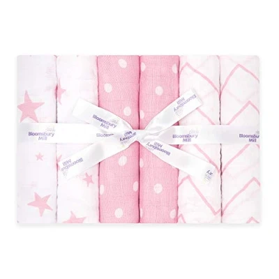 Imagen de Bloomsbury Mill Muselinas Bebe Algodon Organico 70x70 (Paquete de 6) 100% Algodón Orgánico Puro Gasas para Bebes Manta Muselina Grande Recien Nacidos Rosa y Blanco