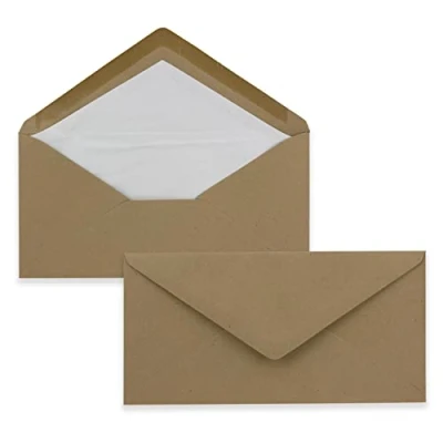 Imagen de 50 sobres de papel estraza ecológico, marrón, longitud DIN, 11 x 22 cm, adhesivo para humedecer, 120 g/m², solapa puntiaguda con forro seda blanco, reciclado NEUSER PAPIER