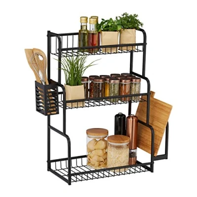 Imagen de Relaxdays Estantería de Cocina para Encimera, 3 Niveles, con Soporte Tablas y Cubiertos, Especiero, Metal, Negro