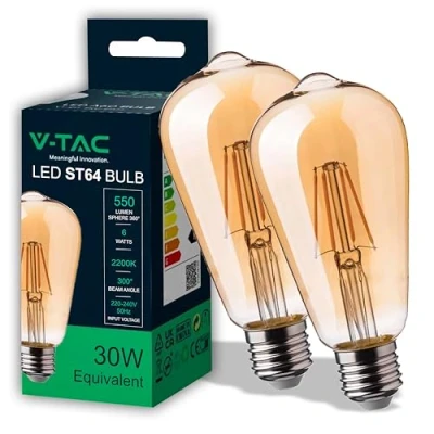 Imagen de V TAC 2x Bombilla LED Filamento Ámbar ST64 E27 6W (Equivalente a 40W) 550 Lumen 2 Bombillas Cristal Vintage Retro Máxima Eficiencia y Ahorro Energético 2200K Blanco Cálido
