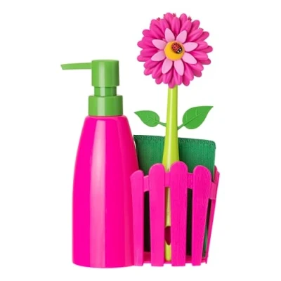 Imagen de Vigar Set Fregadero Pack Soporte, Cepillo Lavaplatos, Esponja ‎7 x 14 26.5 cm Flower Power Con Dispensador Bandeja de 3 Piezas Magenta