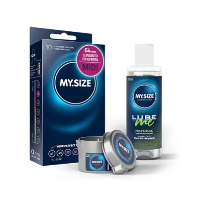 Imagen de paquete de ahorro MY.SIZE con preservativos 64 mm, 10 + lubricante natural 100 ml vela masaje