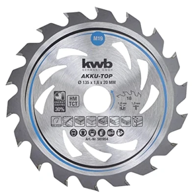 Imagen de kwb 581954 Hoja de sierra circular ahorro energía Easy Cut, diámetro 135 x 20 mm corte fino con dentado alterno especial 18 dientes Z18, AKKU TOP fino,