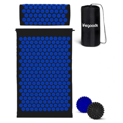 Imagen de LifeGood Esterilla Acupresion Eco Con Cojín, Bolas de Masaje y Bolsa Almohada Colchoneta Acupuntura Relajación Alivio del Dolor Flor Loto Negro &amp; Azul