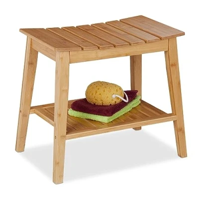 Imagen de Relaxdays Banco Baño con Balda, Taburete Bambú, 45 x 51,5 34 cm, Banqueta Repisa, Pasillo, Cocina o WC, Natural