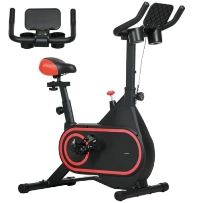 Imagen de SPORTNOW Bicicleta Estática Bici con Volante de Inercia 4 kg Resistencia Ajustable Pantalla LED Silencioso Asiento y Soporte para Vasos Carga 150 Casa Gimnasio Negro Rojo