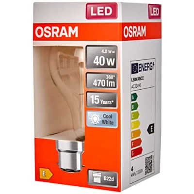 Imagen de OSRAM Lámpara LED Star de filamento claro, casquillo B22d, blanco frío (4000K), forma bombilla, juego recambio para bombillas convencionales 40W, paquete 6