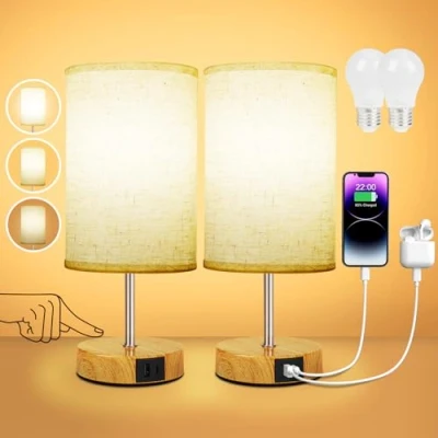 Imagen de Suright 2 Piezas Lámparas de Mesita Noche Táctil Regulable, Lámpara con Puertos Carga USB A+C, Mesa Pequeña para Dormitorio Salón (Bombilla Incluida)