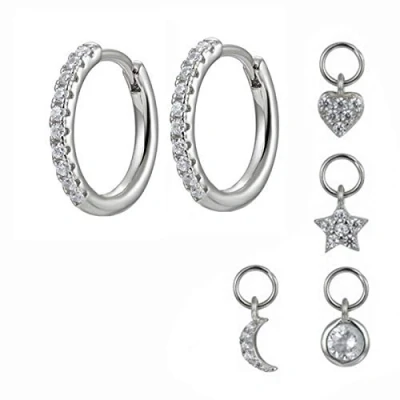 Imagen de Yolistar 1 Par Mujeres Estrella Pendientes Aro Colgantes Plata Ley 925, Juego de con 4 Pequeños Dijes, Gota Círculo Luna para Mujer