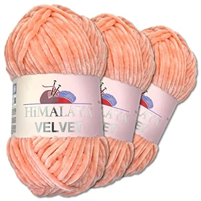Imagen de Wohnkult Himalaya 3 x 100 g Velvet Dolphin tejido de lana, 40 colores para elegir, hilo tejer chenilla, lana esponjosa, brillo, accesorio, ropa, mantas (90023, melocotón)