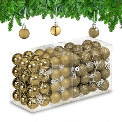 Imagen de Relaxdays Set 96 Bolas Árbol Navidad, Bolitas Navideñas Brillantes, con Purpurina y Mate, Adornos de Plástico, Dorado, 12 x 23,5 9 cm
