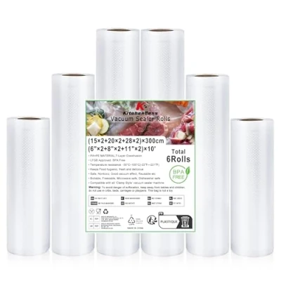 Imagen de KitchenBoss Bolsas Envasar al vacio Alimentos：Bolsas alimentos Sin BPA, 6 Rollos 15x220x228x2x300 cm Envasadora Vacio, para Vacío, Soporta Congelación y Ebullición