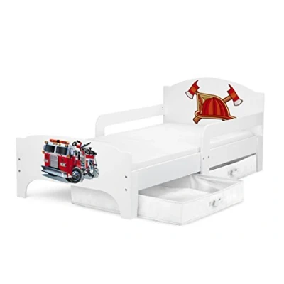Imagen de Leomark Smart Cama Infantil de Madera Bomberos Marco Cama, Colchón y Cajón, robustro Cómodo Dormitorio Impresa, Muebles para Niños, Espacio Dormir: 140/70 cm