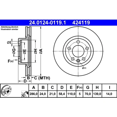 Imagen de ATE 24.0124 0119.1 Disco de freno 286,0 24,0 5 110,0 ventilado revestido aleado/alt. carburado OPEL: Omega B Berlina
