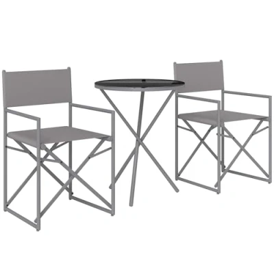 Imagen de Outsunny Conjunto de Muebles Jardín 3 Piezas Juego Balcón con 2 Sillas Plegables Mesa Encimera Vidrio Templado y Estructura Acero para Terraza Patio Exterior Gris Oscuro