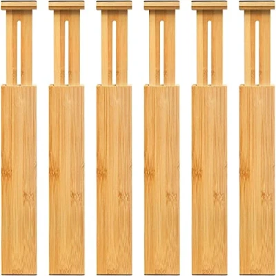 Imagen de VaeFae Divisores de cajones bambú (14 19 pulgadas), separadores ajustables con resorte, divisor expandible para cocina, tocador, dormitorio, baño y oficina, paquete 6