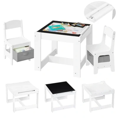Imagen de Lestarain Juego de Mesa y 2 Sillas para Niños Madera, Muebles con Espacio Almacenamiento, Blanco Escritorio Reversible Pizarra Rodillo Papel
