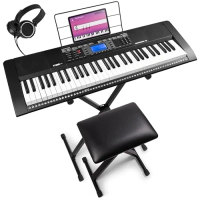 Imagen de MAX Rhapsody61 teclado Piano, piano eléctrico de 61 teclas, con auriculares, soporte y taburete, pantalla LCD, 50 canciones demostración, función aprendizaje, 300 tipos sonido