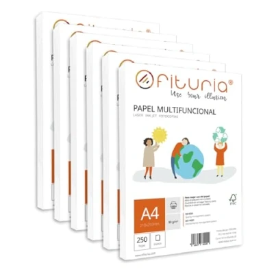Imagen de Paquete de folios A4 80gr con 250 Hojas Blancas, Papel Multifuncional para Uso Escolar y Entornos Laborales. Ideal impresoras láser, inyección o fotocopiadoras Ofituria (A4, 1500h)