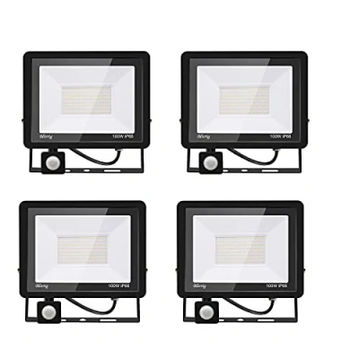 Imagen de Blivrig 4PCS 100W Focos LED Exterior con Sensor de Movimiento Blanco Frio 6500K, 10000LM Brillante Foco Luces Detector IP66 Impermeable, Iluminación Seguridad para Garaje, Patio, Terraza
