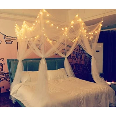 Imagen de HanYun Mosquitera para Cama de Matrimonio con 100 Luces LED Cadena Estrellas Elegante Mosquitera, Juego dosel, toldo Cuadrado Cama, Cortinas Full/Queen/King (Blanco)