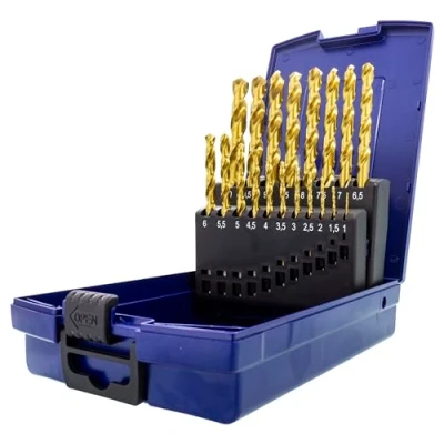 Imagen de TJR® HSS TiN Juego de 19 brocas helicoidales 1 a 10 mm y 0,5 escalones autocentrantes DIN 338 tipo N 118, para acero inoxidable, acero, perfiles aluminio con precisión