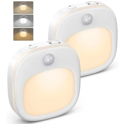Imagen de Luz Nocturna, [2 Piezas] Nocturna a Pilas con Sensor de Movimiento, 3 Modos (ON/AUTO/OFF), Colores &amp; Atenuación Continua, 8 LED Armario Adhesivas para Dormitorio, Escalera, Pasillo, Cocina