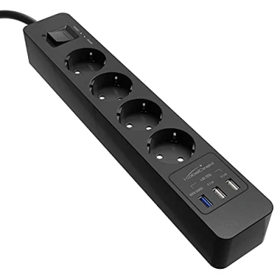 Imagen de KabelDirekt Regleta de enchufes 4x y Enchufe múltiple (USB, Quick Charge 3.0, Cargador rápido, protección contra sobretensión, Certificado por TÜV, Negro)