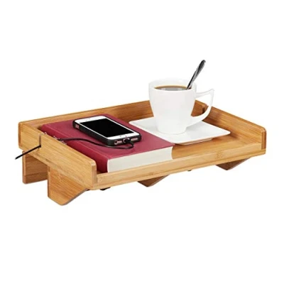 Imagen de mesita de noche Relaxdays, mini con clip, hecha bambú, ahorra espacio, ranuras para cables, estante WD 32,5x27x9 cm, natural