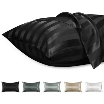 Imagen de Lirex 2 Paquetes Funda Almohada Satinado, Microfibra de Color Sólido Suave Sin Arrugas Resistente a la Decoloración Respirable (40 x 60 cm, Raya Negro)