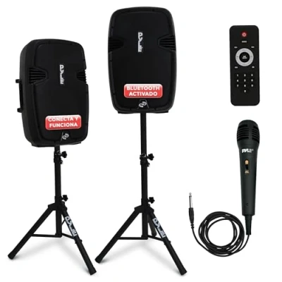 Imagen de Pyle Sistema de PA Portátil Inalámbrico 1800W Altavoz Bluetooth Alta Potencia Activo + Pasivo para Uso en Exteriores con USB SD MP3 AUX Montaje 35mm, 2 Soportes, Micrófono, Control Remoto