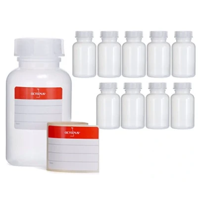 Imagen de Octopus 10 x 250 ml Botellas de Boca Ancha LDPE con Cierre Rosca, Botella vacía para químicos, Laboratorio Tapa, como Recipiente Almacenamiento Laboratorio, Cocina u Ocio