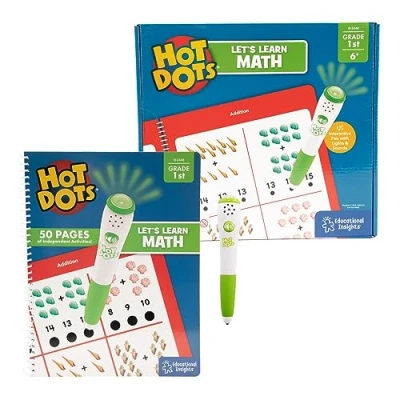 Imagen de Learning Resources Set para Aprender matemáticas de Hot Dots niños Primer Curso, Libro Actividades y bolígrafo Interactivo con corrección instantánea, más 100 Actividades, 6+ años