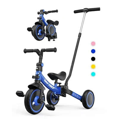Imagen de besrey 7 en 1 Triciclo para niños pequeños con manija de Empuje dirección 5 años,Triciclo,Bicicleta,Carro Equilibrio,Caminante, Altura del Asiento Regulable,Azul