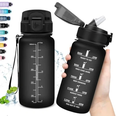 Imagen de Grsta Botella Agua, 500ml Agua Niños, Reutilizable a Prueba de Fugas, con Pajita, Fácil Limpiar, para la Escuela, Gimnasio, Acampar, Negro