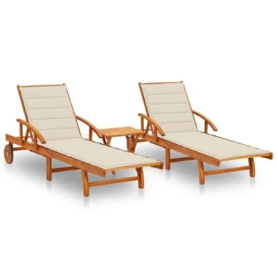 Imagen de vidaXL 2X Madera Maciza de Acacia Tumbonas con Mesa y Cojines Hamaca Cama Salón Diván Asiento Piscina Playa Jardín Patio Terraza Balcón Exterior