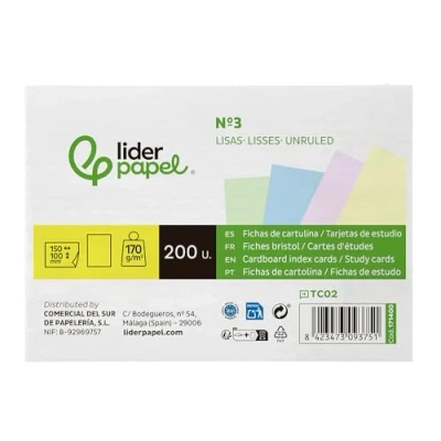 Imagen de Tarjeta ficha liderpapel para estudiar lisa cartulina de colores 170 gr/m2 100x150mm paquete 200 unidades.