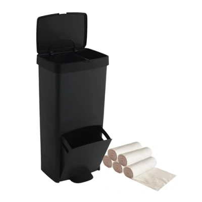 Imagen de Pack Cubo de basura o reciclaje 70L en NEGRO VERTICAL, 2 compartimentos, Papelera residuos INCLUYE 5 rollos (75 bolsas) 10l