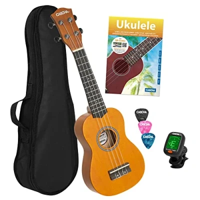 Imagen de CASCHA juego de ukelele soprano para niños y adultos, kit iniciación con 3 púas bolsillo, videos instructivos a través del sintonizador código QR, cuerdas aquila nailon I