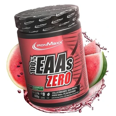 Imagen de IronMaxx 100% EAAs Cero Sandía Envase bote de 500g polvo EAA, vegano y sin azúcares con todos los 8 aminoácidos esenciales sabor afrutado, conservantes