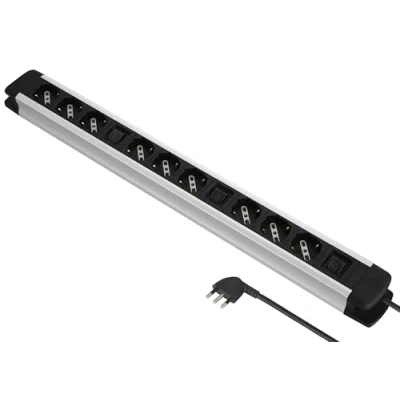 Imagen de Electraline 61900 Regleta ALU Line de 9 plazas polivalentes (Schuko + 10/16 Luminosos (3 Tomas por Interruptor), 2 m, con Cuerpo Aluminio, Plateado/Negro/ral 9006, Posti 3 interruttori