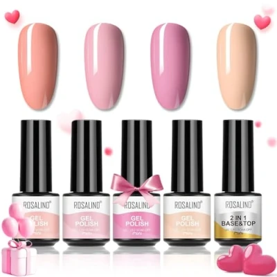 Imagen de ROSALIND Esmalte Semipermanente de uñas en Gel UV LED,4 pcs Pintauñas Semipermanentes Rosa Mini,con 1pcs Base Top Coat Set San Valentin